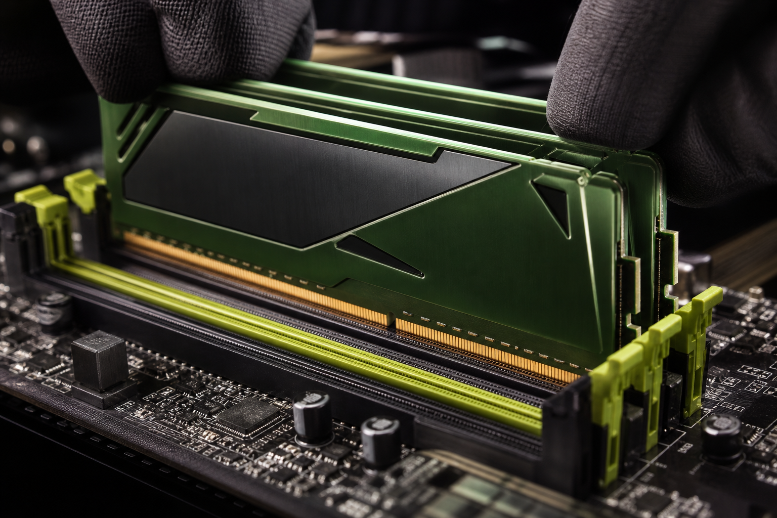 Technicien installant un module de mémoire vive RAM dans un ordinateur